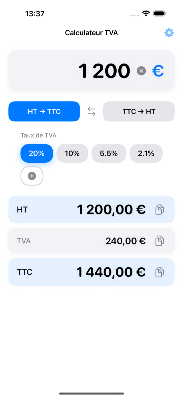 Capture d'écran de l'app TVA-Calcul : conversion HT vers TTC