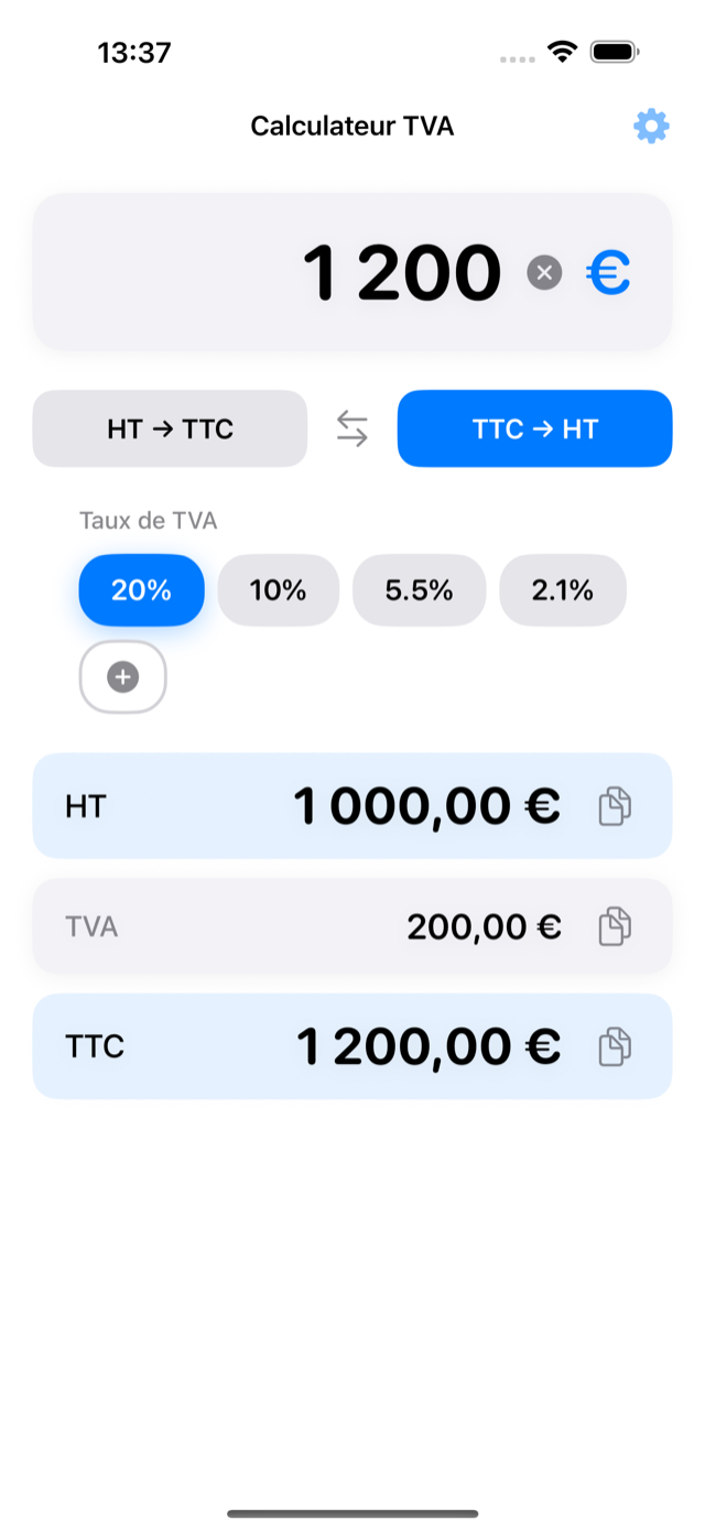 Capture d'écran de l'app TVA-Calcul : conversion TTC vers HT