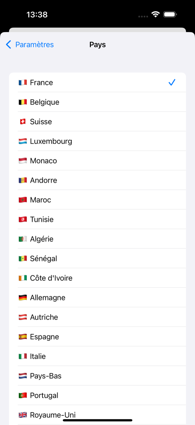 Capture d'écran de l'app TVA-Calcul : sélecteur de pays